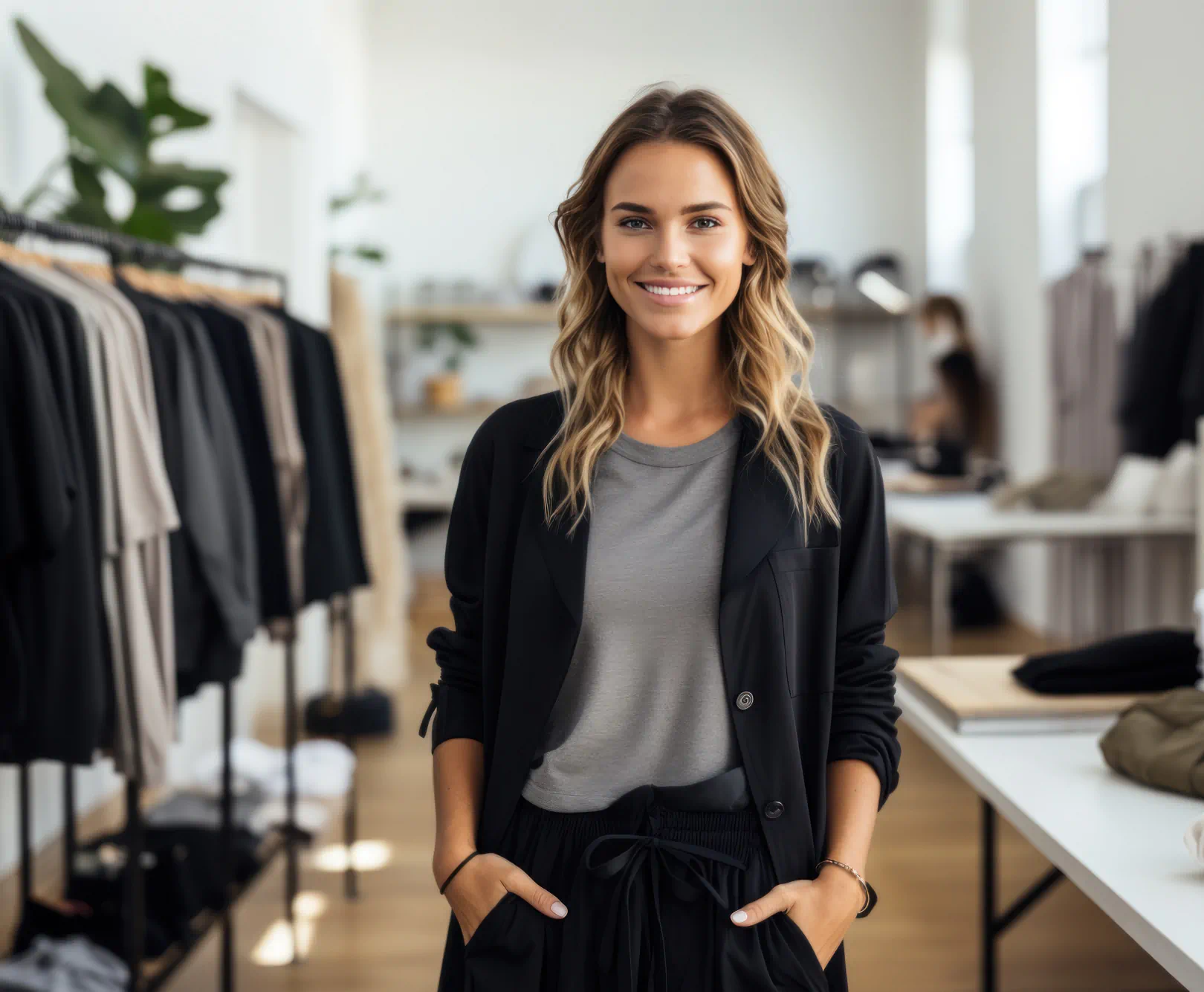 A girl in a black cardigan smiles as she walks the floor of a clothing store.
