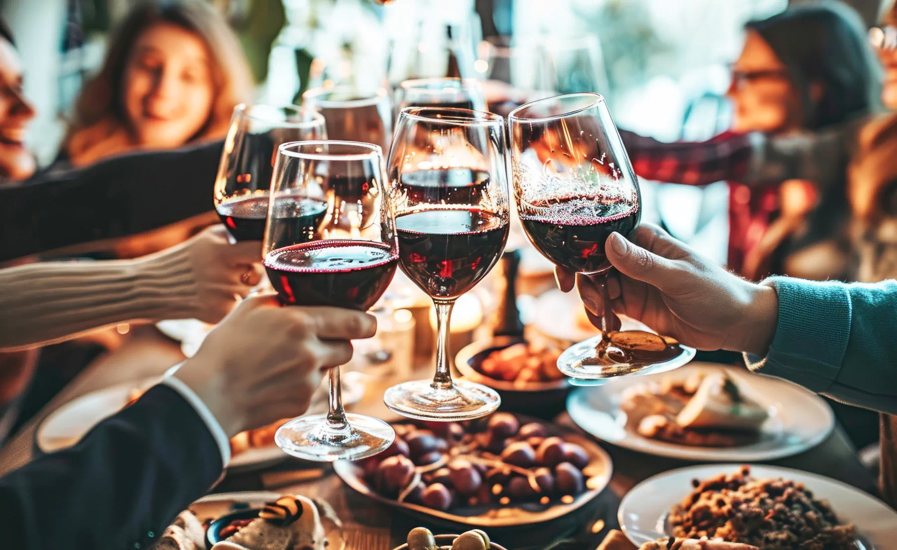 People cheers glasses of red wine over a table of food.