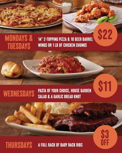 Weekly Specials at Beer Barrel Pizza & Grill
