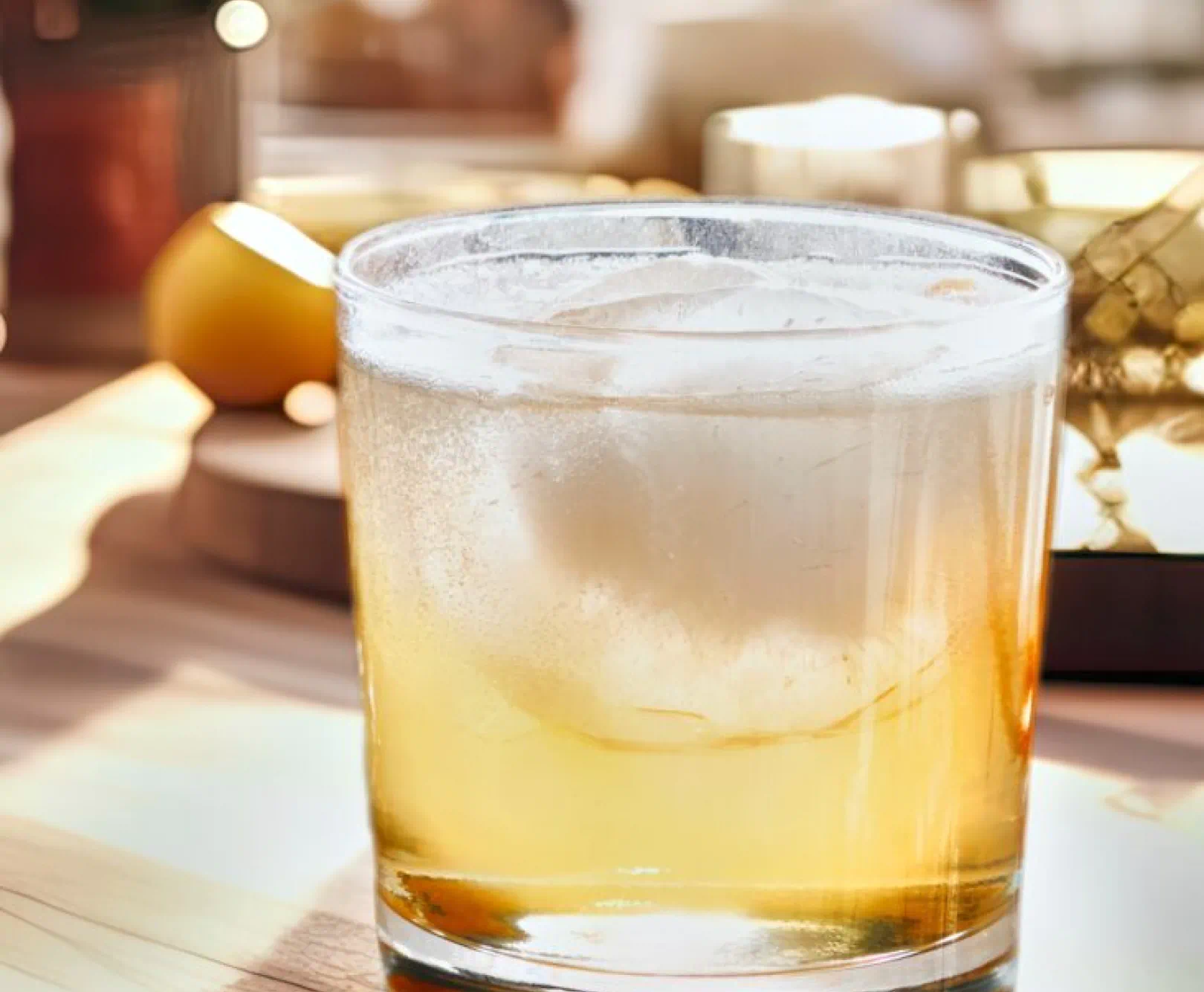 A cocktail in a rocks glass resting on a table, with droplets of moisture highlighting its refreshing appeal.