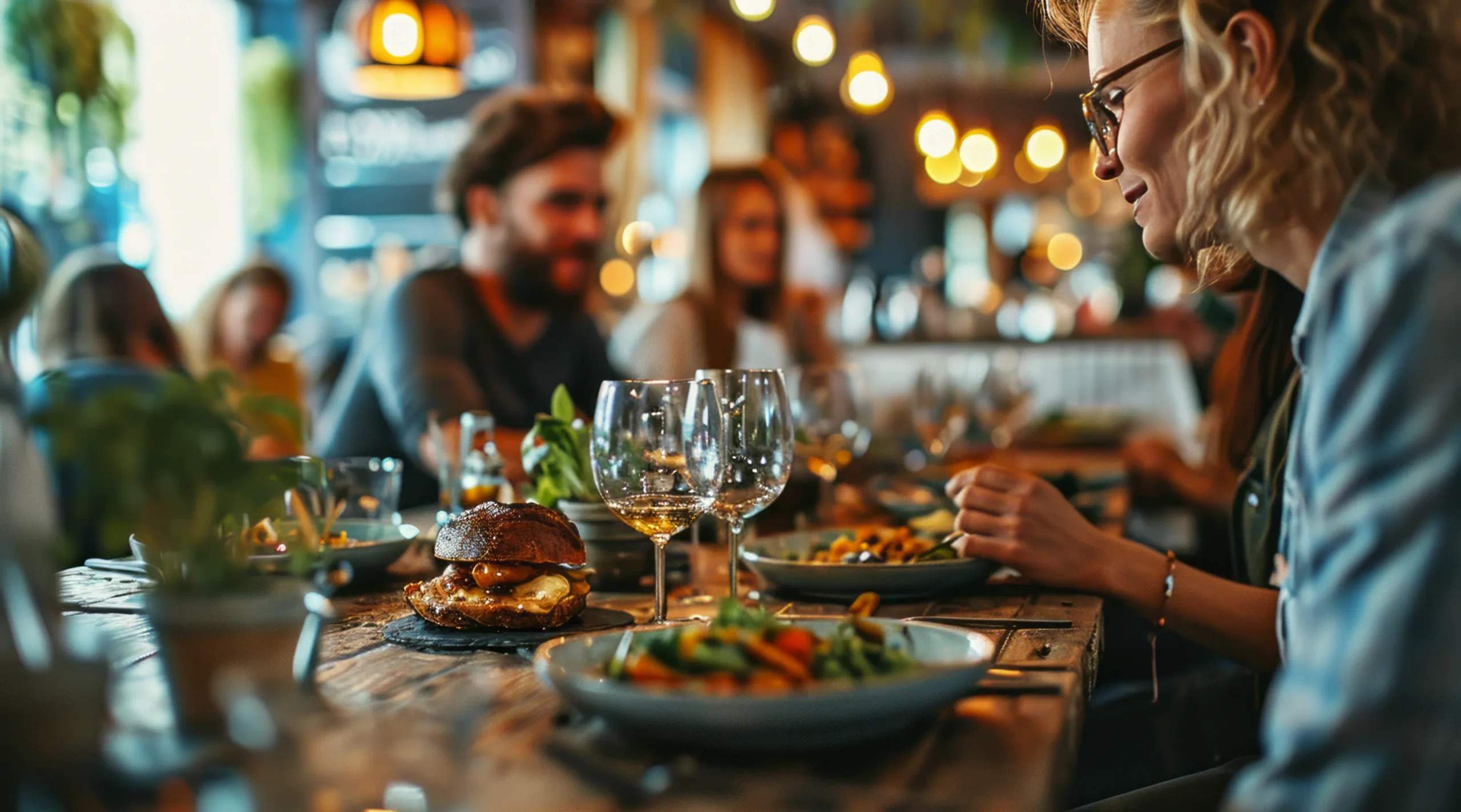 A group of people enjoy plates of vegetables and glasses of white wine in a dimly lit restaurant.