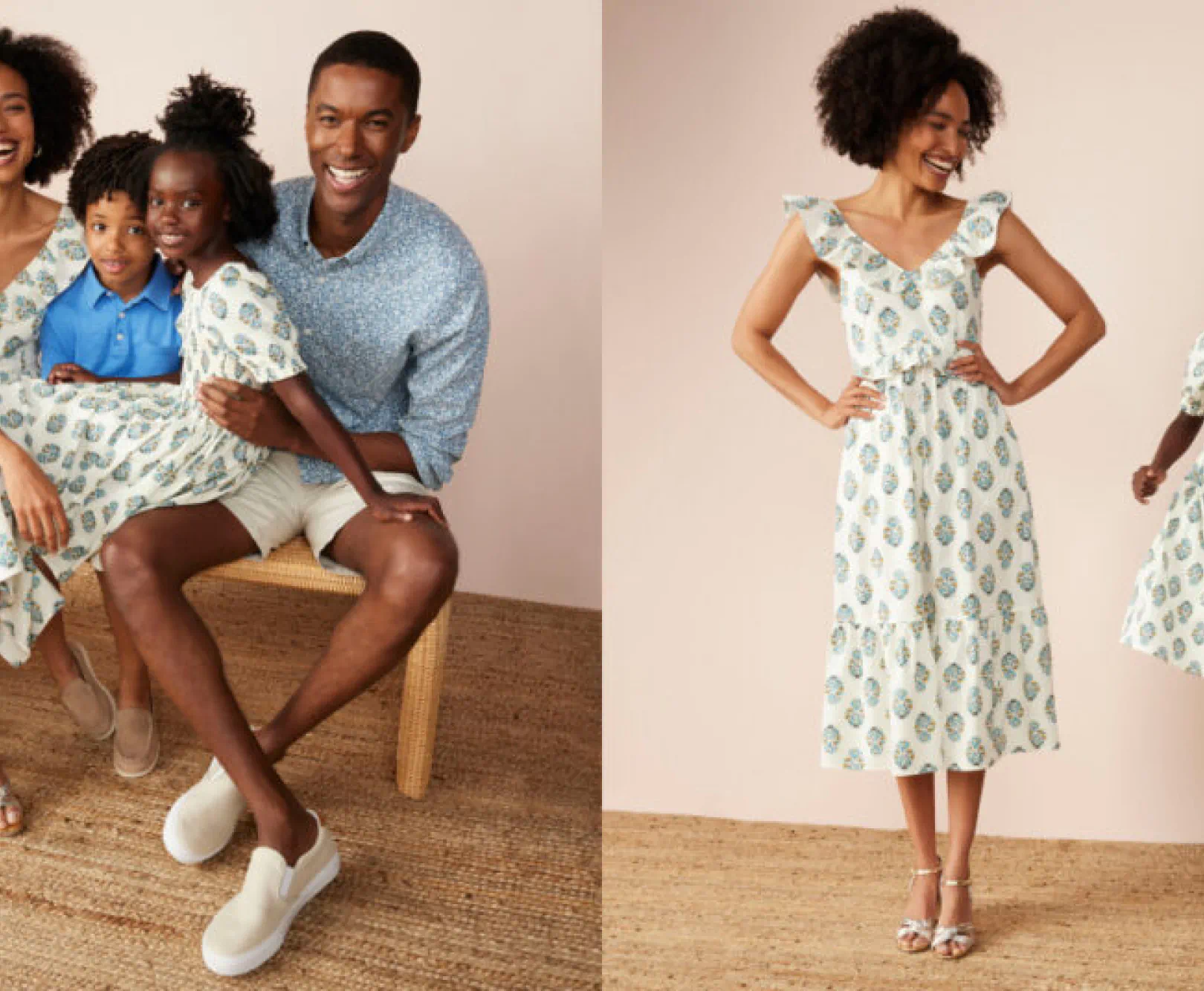 A family smiles as they show off tier green and blue clothing.