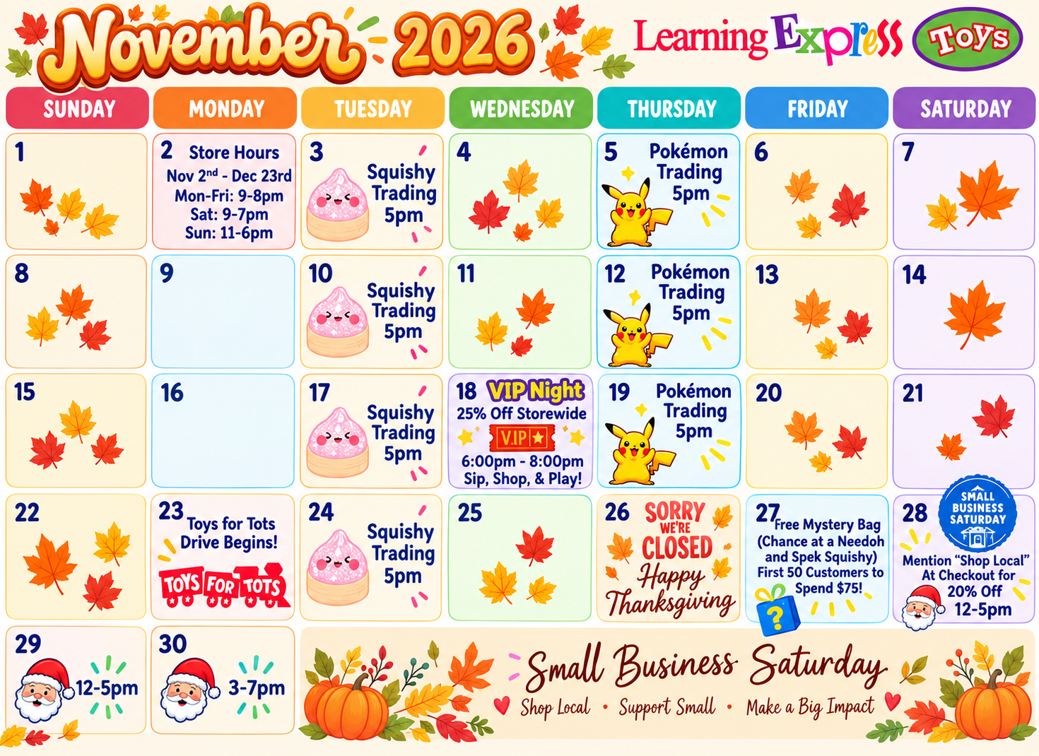 November Event Calendar | Learning Express Toys