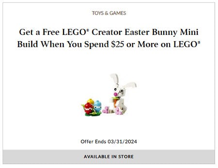 Get a Free LEGO Creator Easter Bunny Mini Build When You Spend $25 or More on LEGO