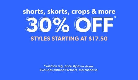 30% off Shorts, Skorts Crops and More