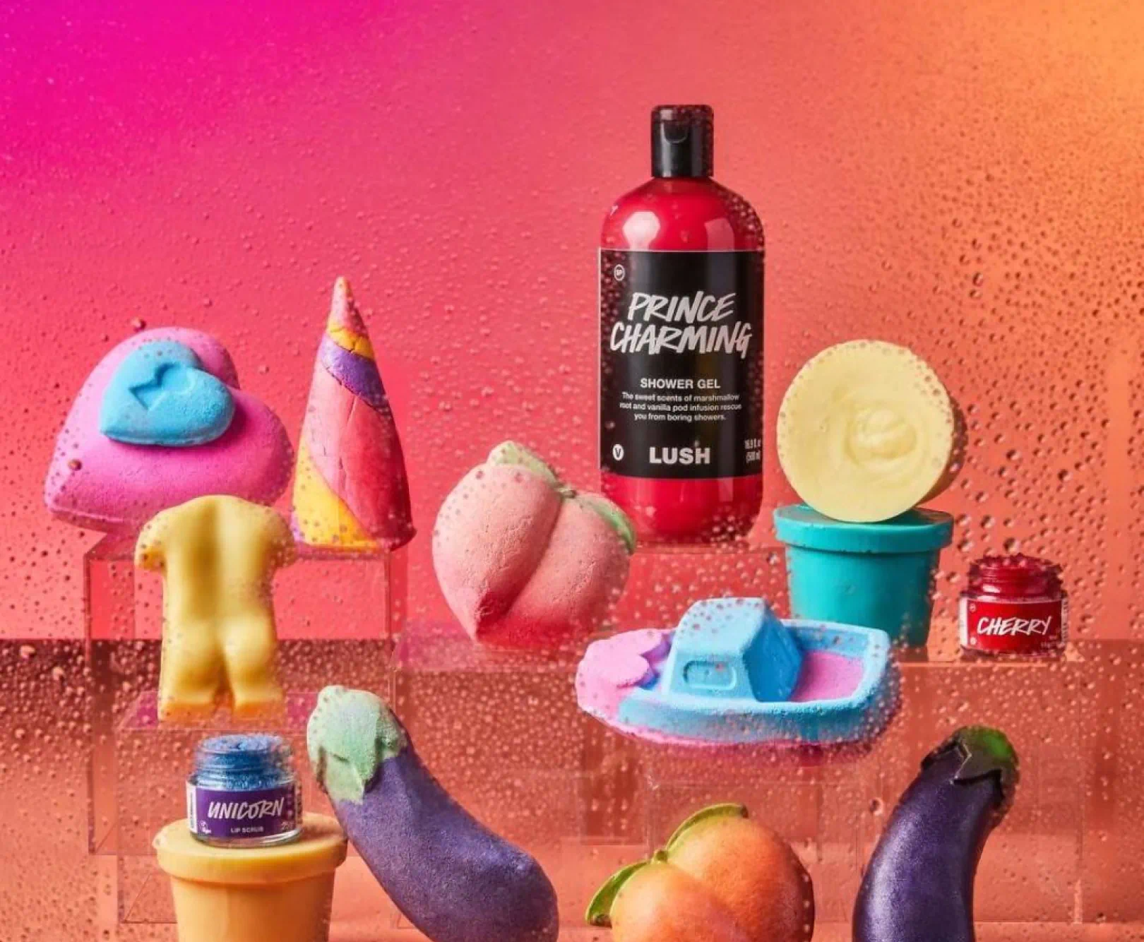 A selection of colorful bath bombs lay in clear pedestals.